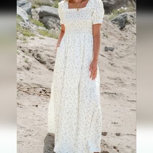 Smocked Square-Neck Maxi Dress in Cream Floral